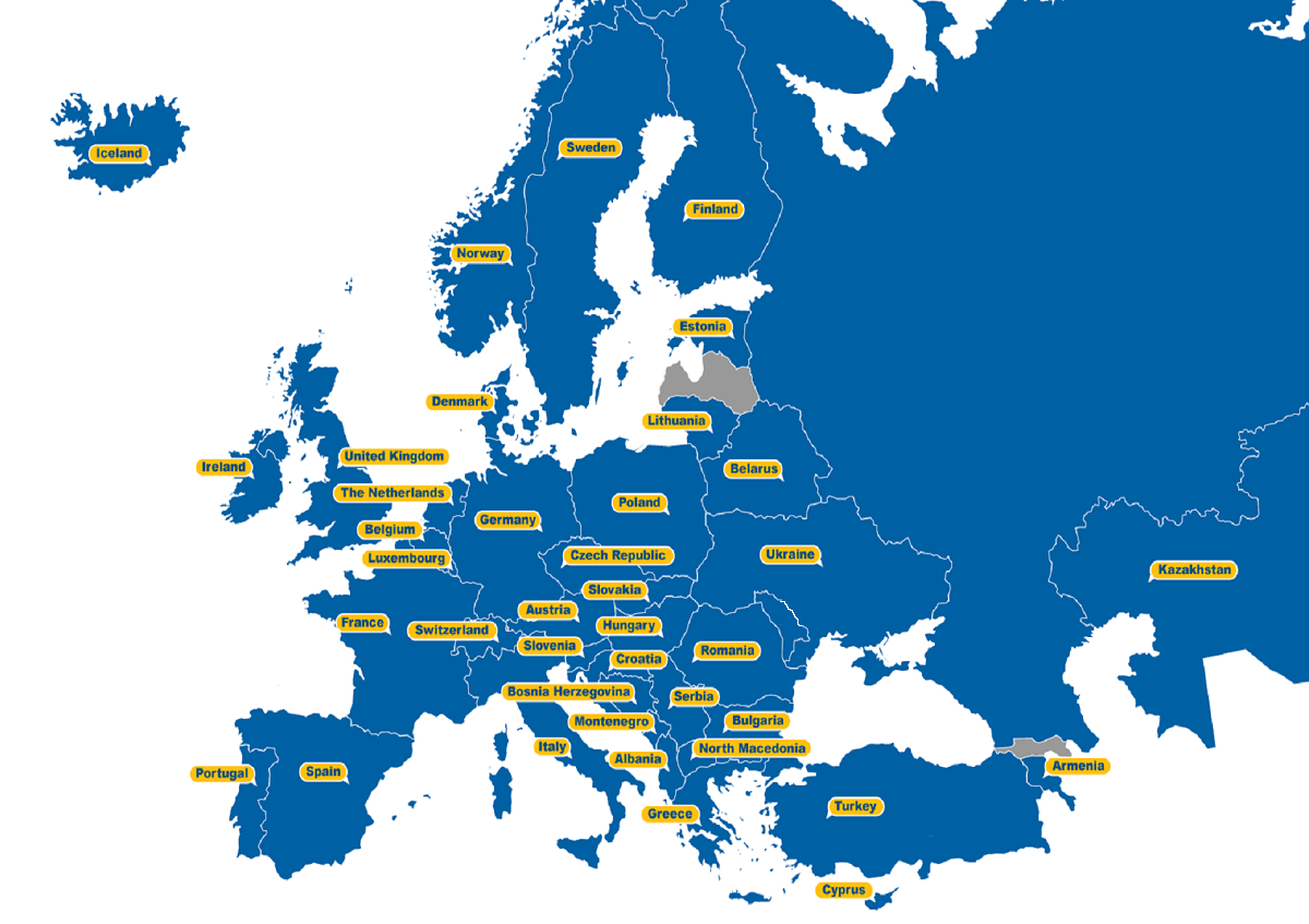 A map of continental Europe in dark blue with light blue borders, EBU member countries are displayed in yellow boxes, the name written in blue